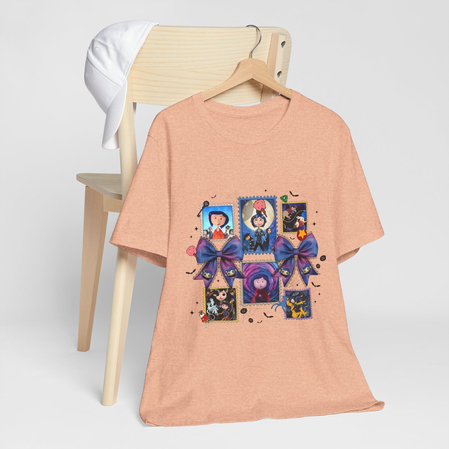 Coraline Halloween Blue Ribbon Button Witch Portraits T-Shirt | Cute Gothic Characters