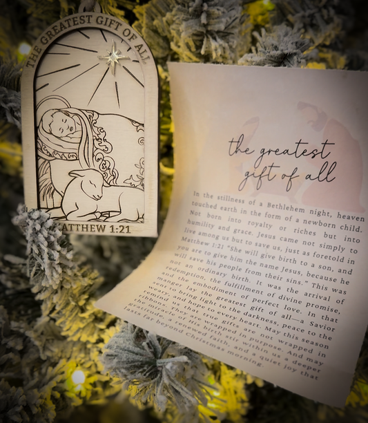 The Greatest Gift of All” Nativity Ornament – Laser Cut Wooden Christmas Keepsake with Story Card | Faith-Based Holiday Décor