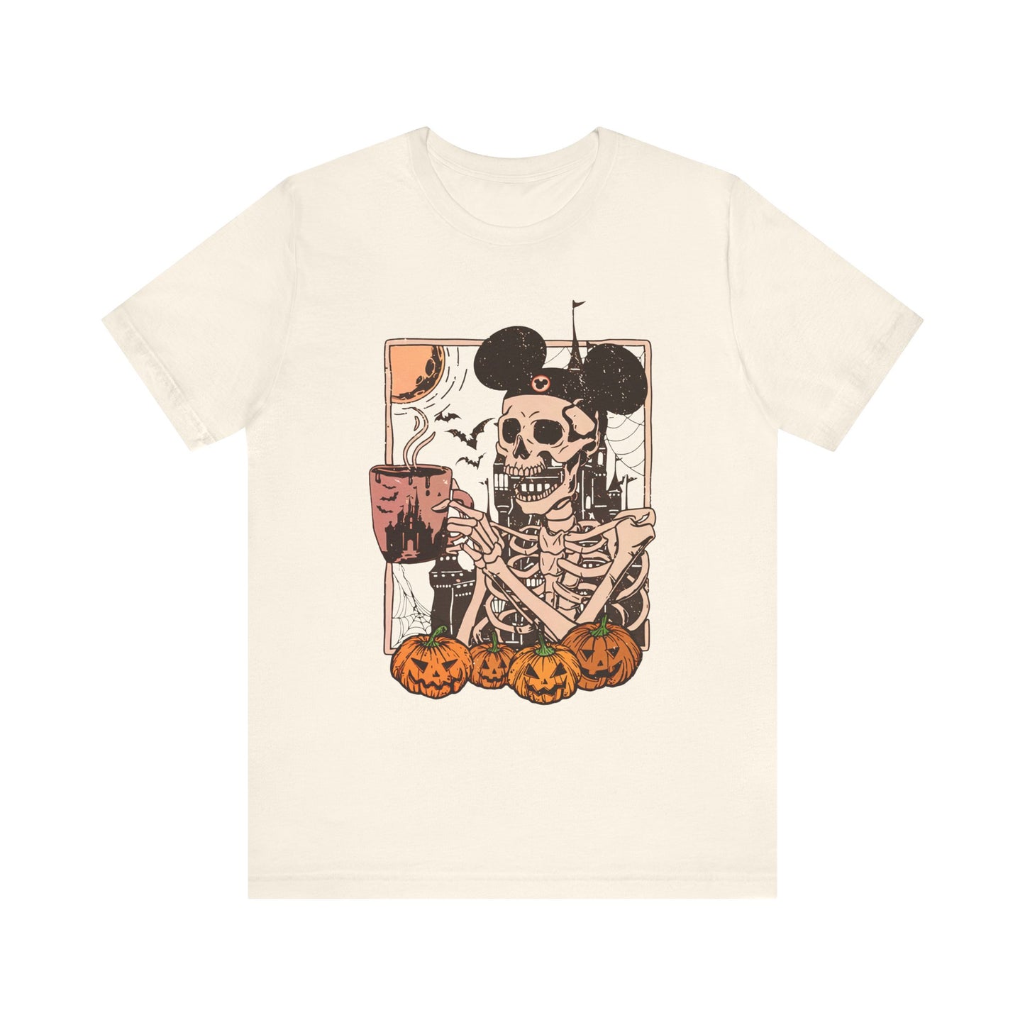 Skeleton in Mickey Ears Halloween Tee | Pumpkin Skull Graphic Shirt Fall Season Coffe