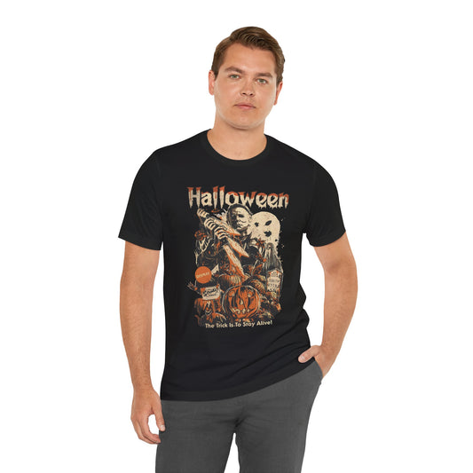 Halloween Horror Graphic Tee — Vintage Pumpkin & Masked Slasher T-Shirt