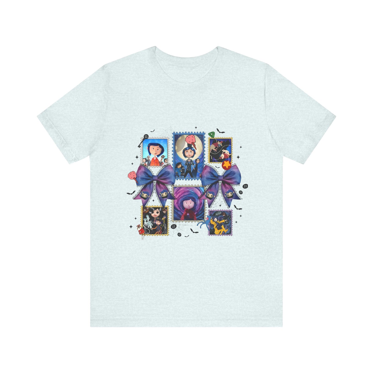 Coraline Halloween Blue Ribbon Button Witch Portraits T-Shirt | Cute Gothic Characters