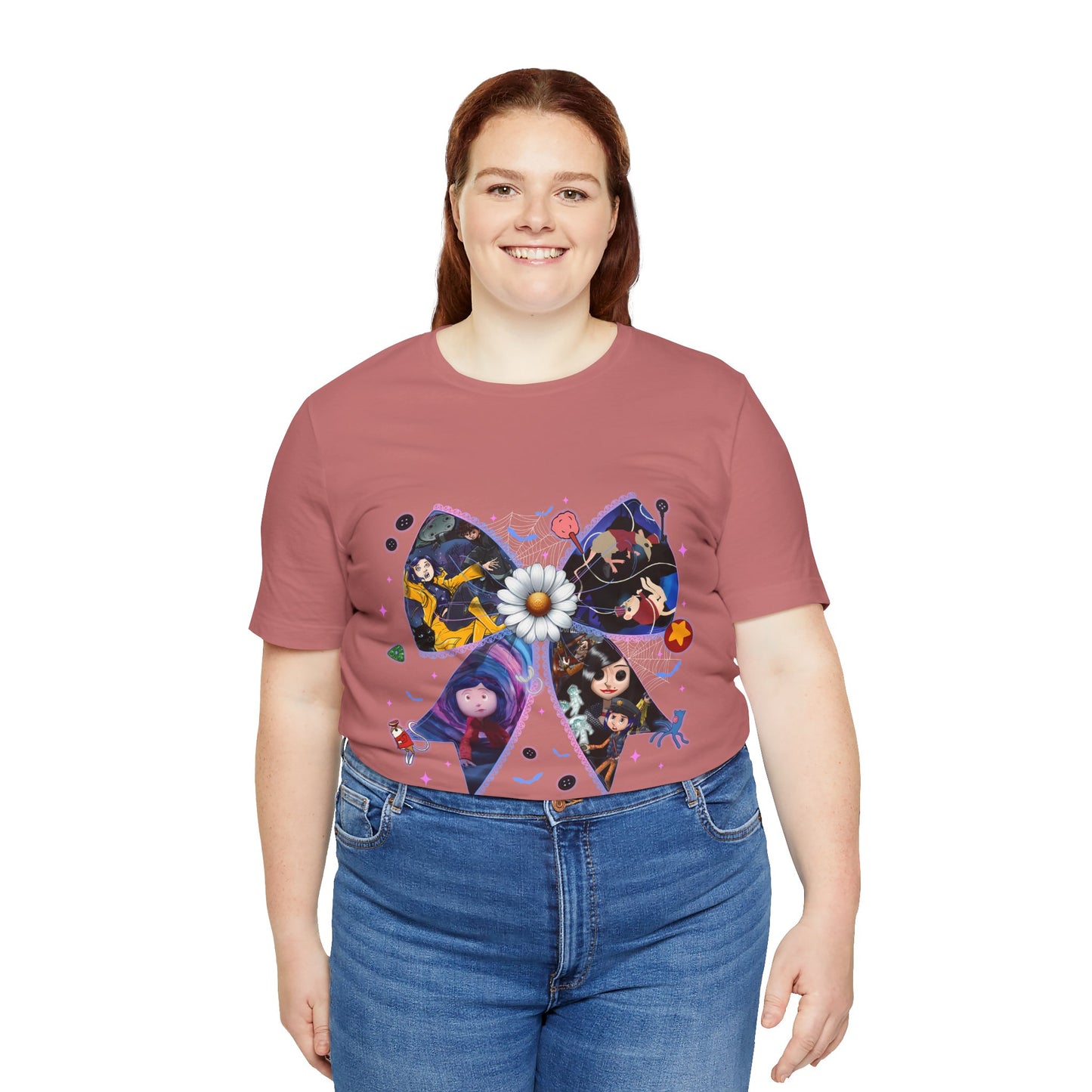 Coraline-Inspired Character Collage Bow Tee | Floral Daisy Graphic Shirt