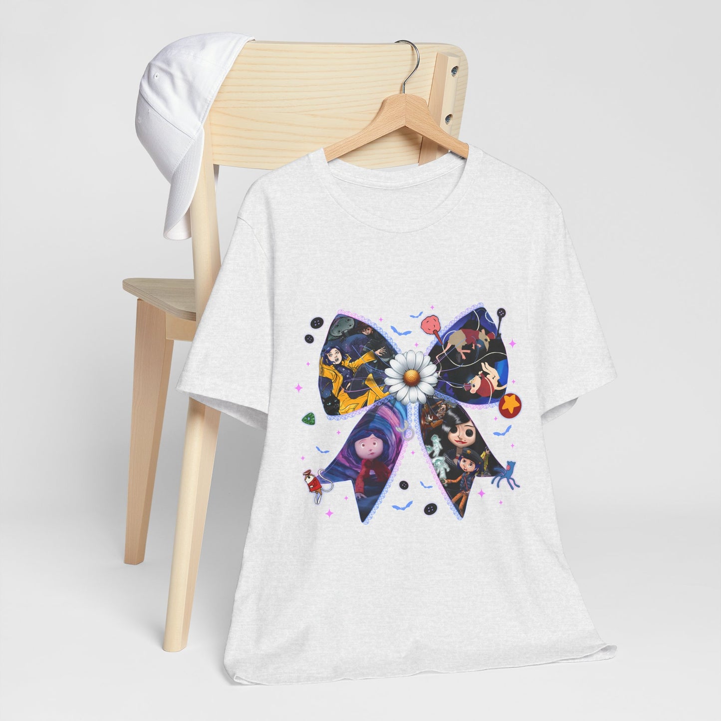 Coraline-Inspired Character Collage Bow Tee | Floral Daisy Graphic Shirt