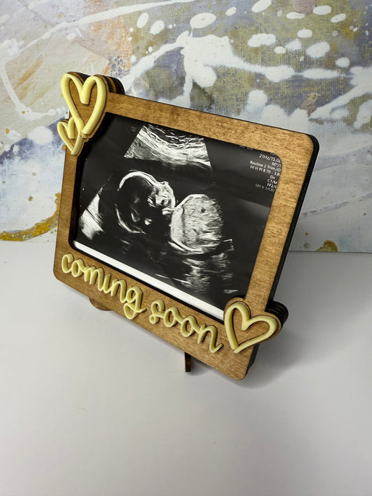 Wooden Baby Frame – Coming Soon Sonogram Photo Holder, Pregnancy Reveal Gift, Baby Shower Nursery Decor