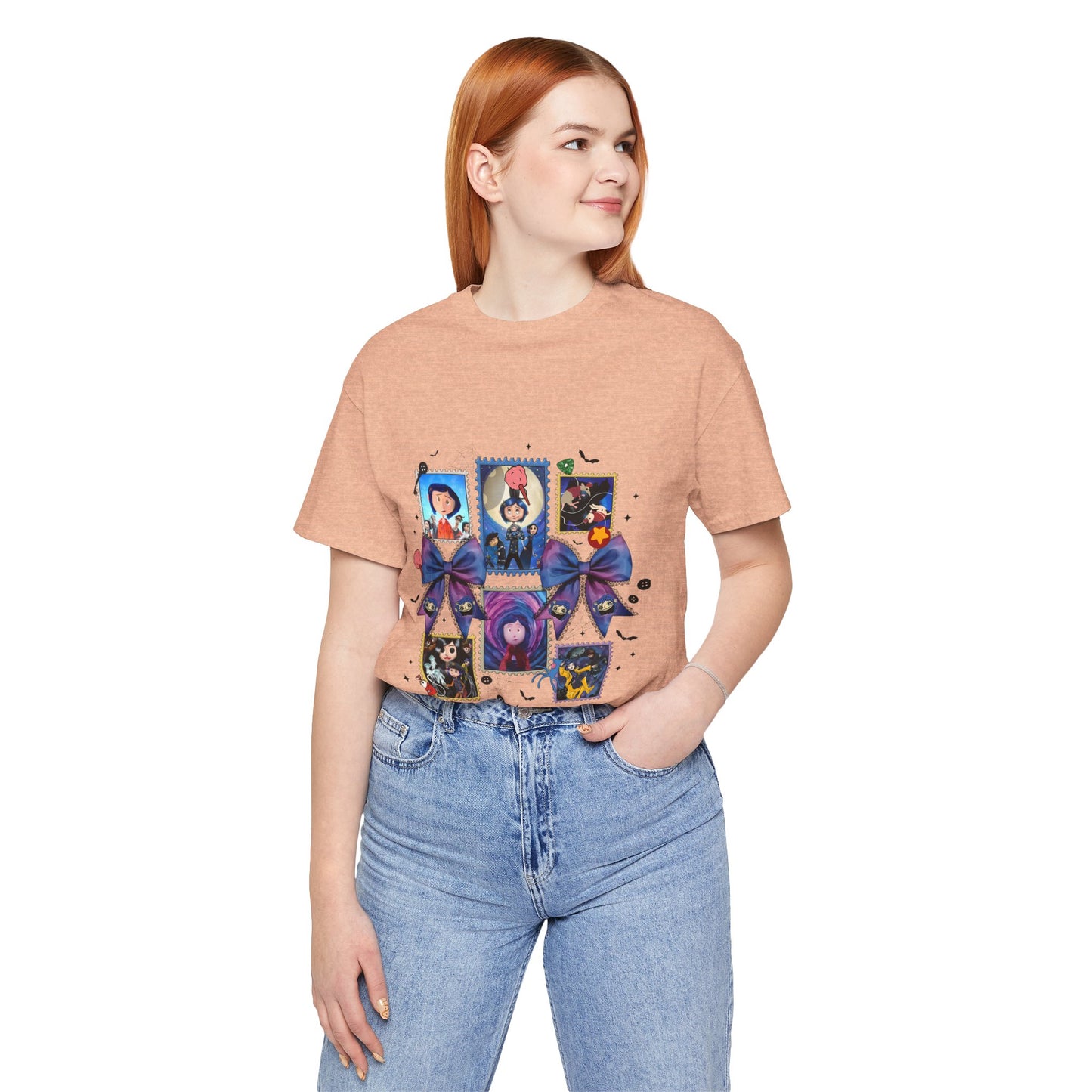 Coraline Halloween Blue Ribbon Button Witch Portraits T-Shirt | Cute Gothic Characters