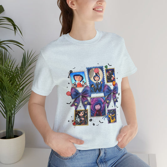Coraline Halloween Blue Ribbon Button Witch Portraits T-Shirt | Cute Gothic Characters