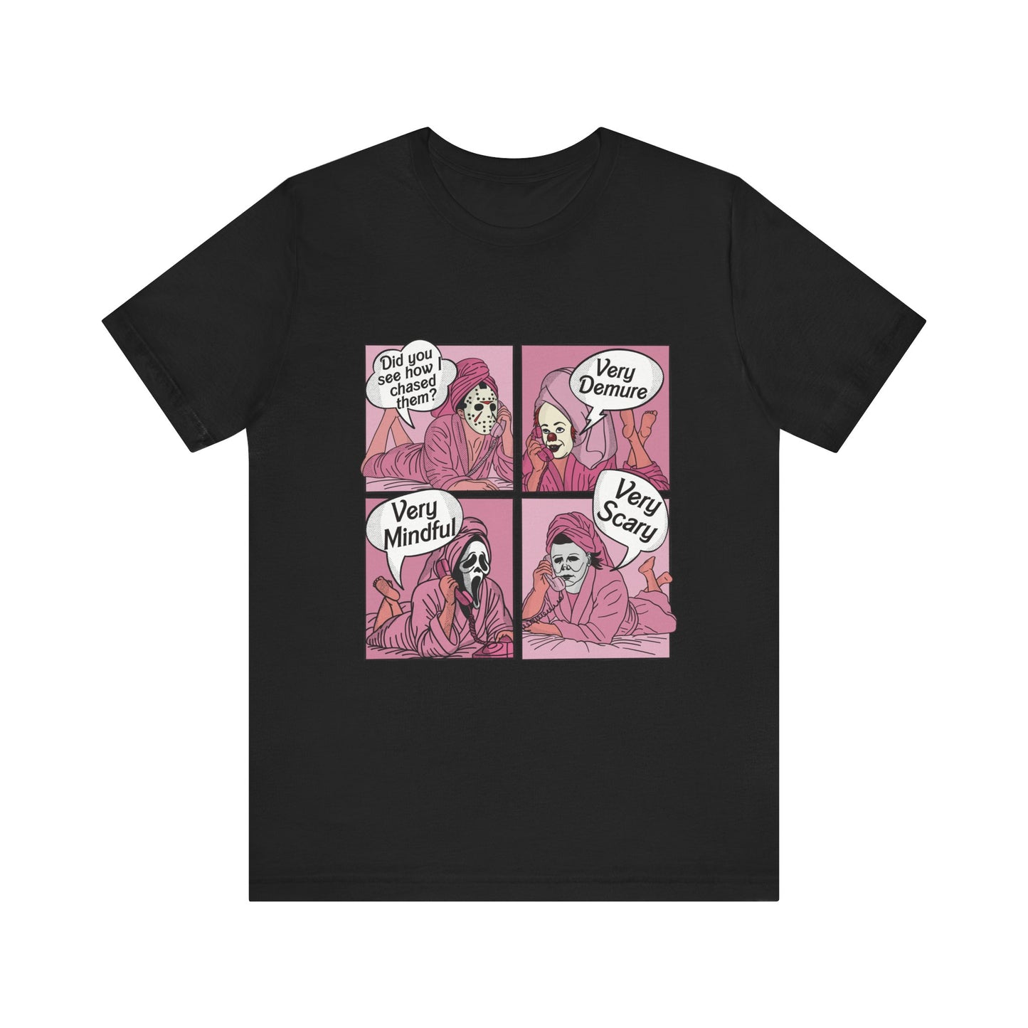 Very Demure Comic Panel Tee Skeleton Woman Illustration T-Shirt | Halloween Gothic Pink Comic Scary Halloween Clown