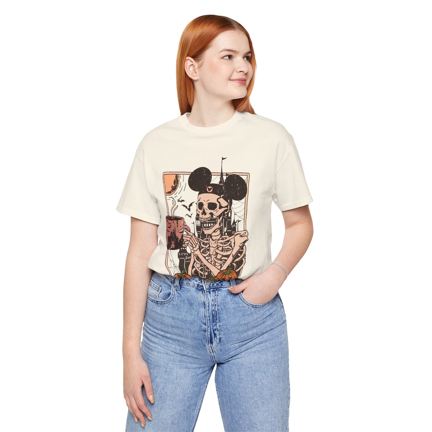 Skeleton in Mickey Ears Halloween Tee | Pumpkin Skull Graphic Shirt Fall Season Coffe