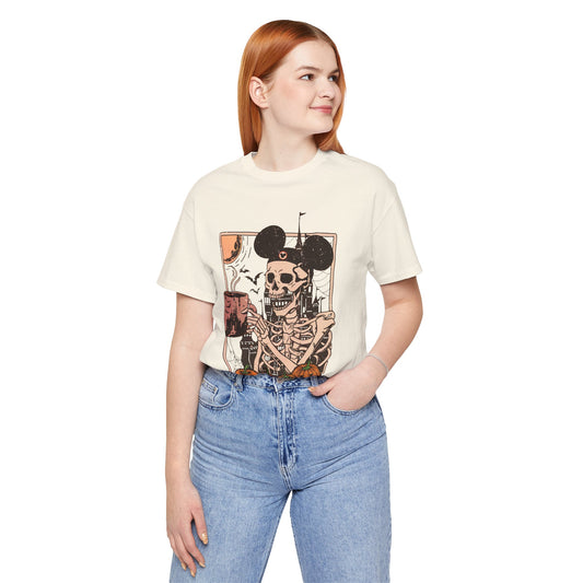 Skeleton in Mickey Ears Halloween Tee | Pumpkin Skull Graphic Shirt Fall Season Coffe