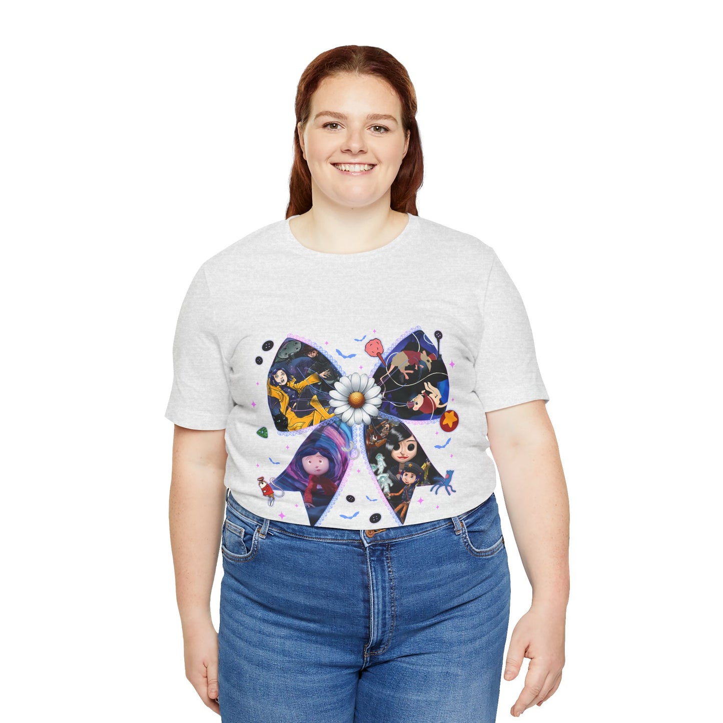 Coraline-Inspired Character Collage Bow Tee | Floral Daisy Graphic Shirt