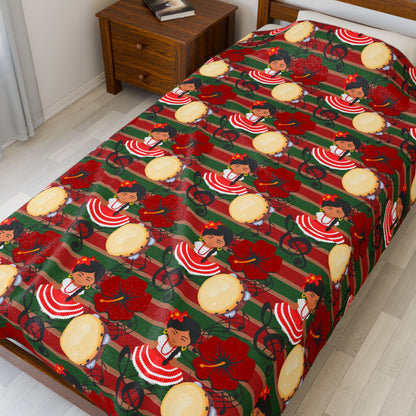 Feliz Navidad Blanket - Puerto Rico Jibara Girl and Maga Flower Navidad Boricua Design