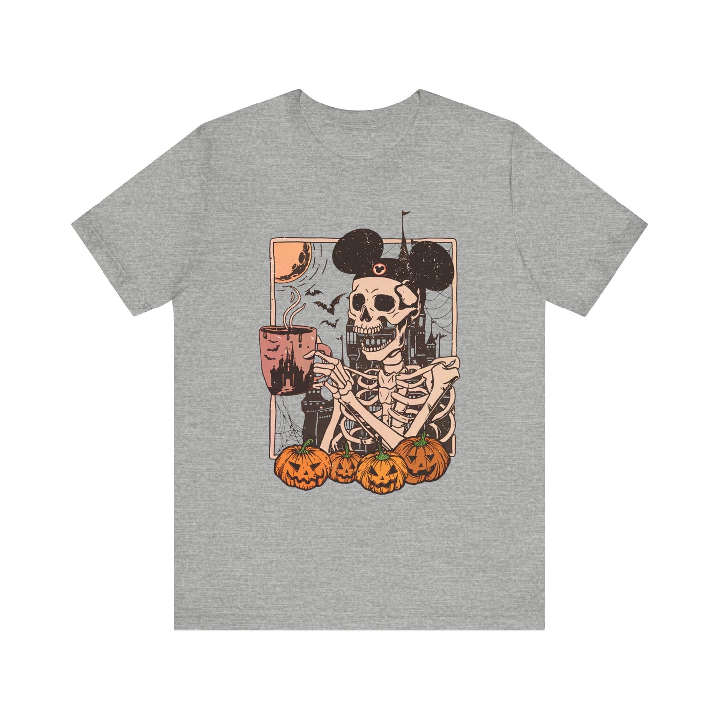 Skeleton in Mickey Ears Halloween Tee | Pumpkin Skull Graphic Shirt Fall Season Coffe