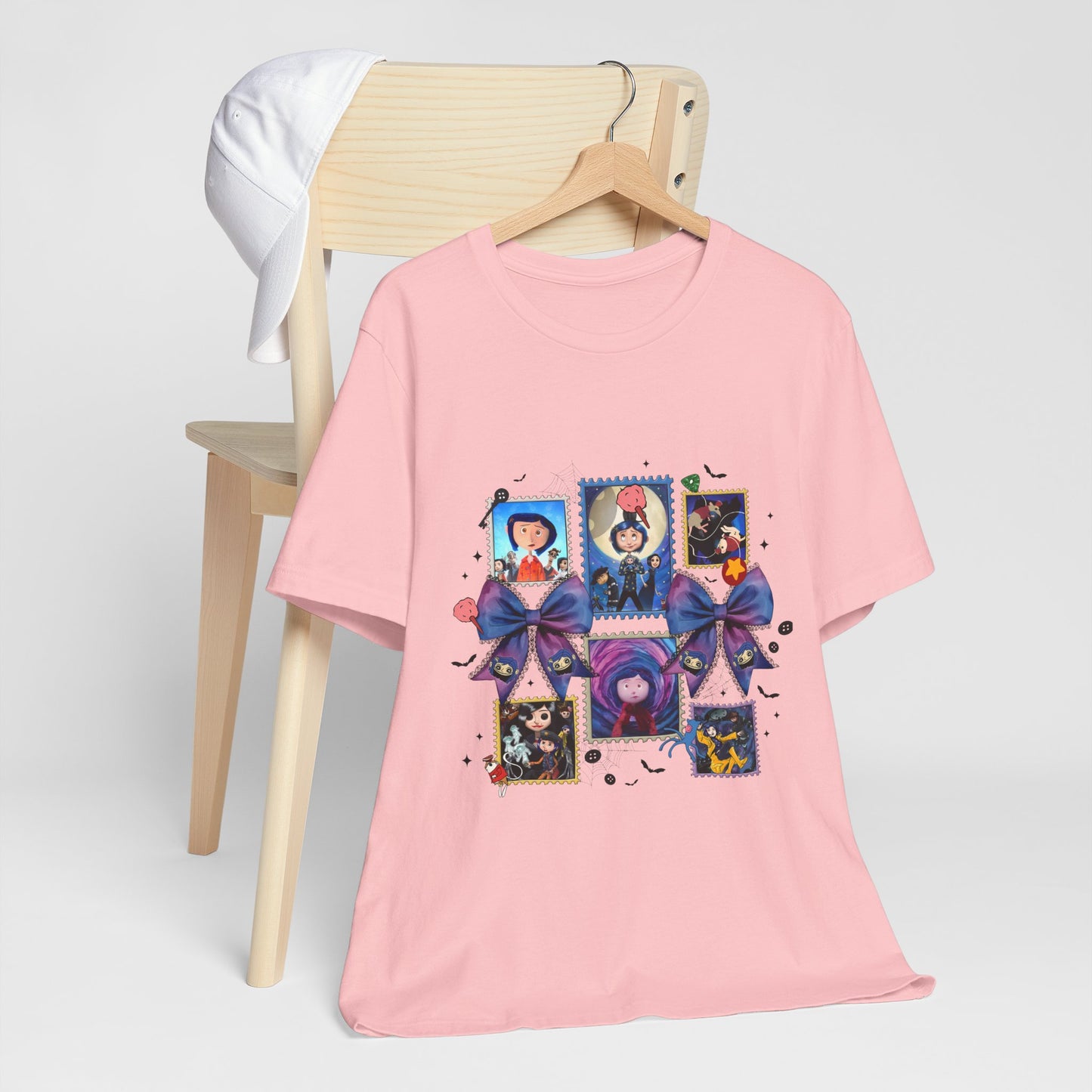 Coraline Halloween Blue Ribbon Button Witch Portraits T-Shirt | Cute Gothic Characters