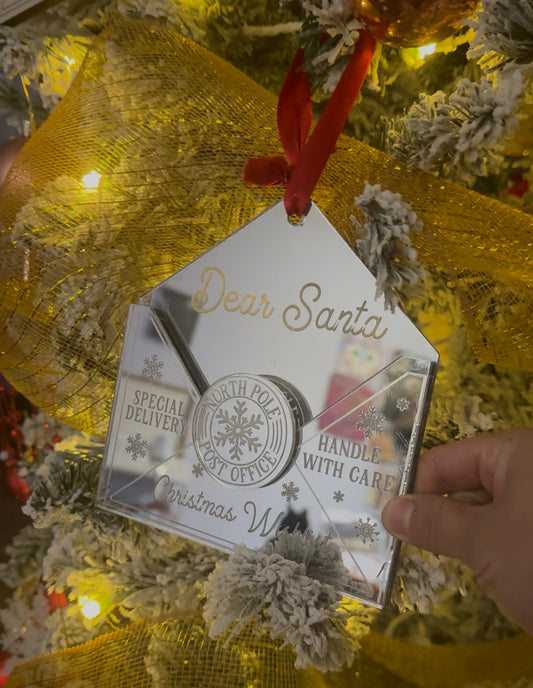 Letter to Santa Mirror Ornament | North Pole Mail Envelope Ornament | Handle With Care Christmas Keepsake | Laser Cut Mirror Ornament for Kids & Families