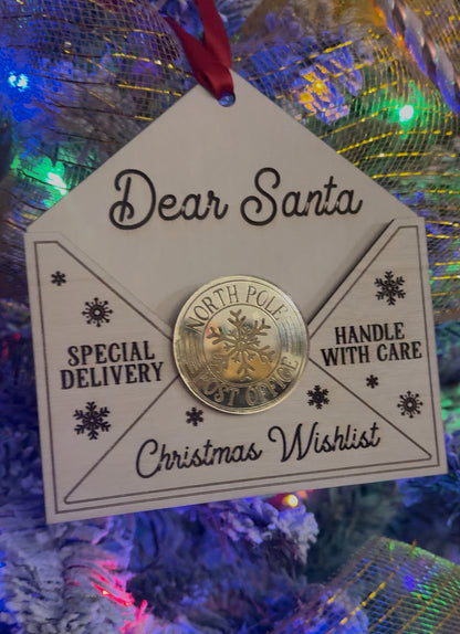 Letter to Santa Wooden Ornament | North Pole Mail Envelope Ornament | Handle With Care Christmas Keepsake | Laser Cut Wood Ornament for Kids & Families