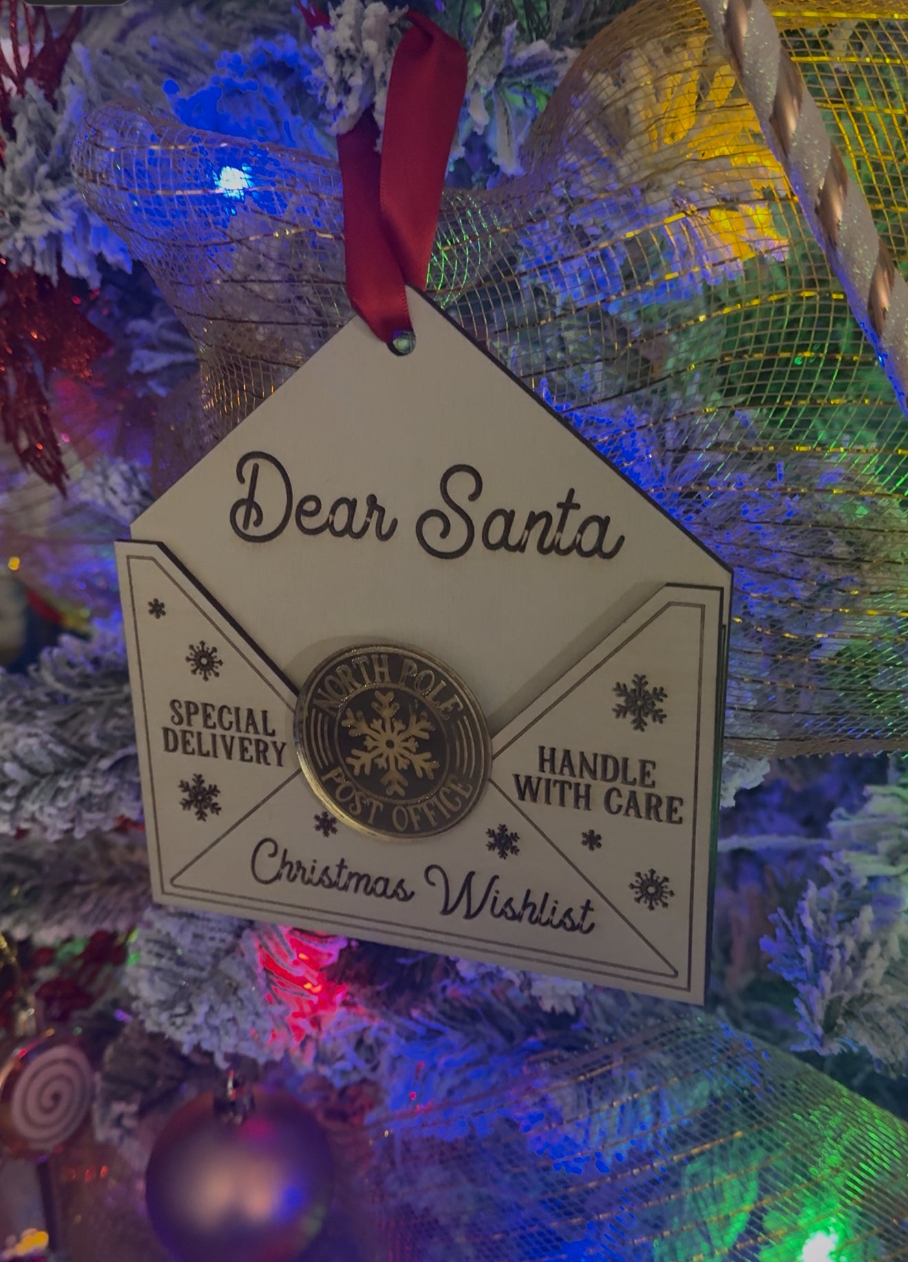 Letter to Santa Wooden Ornament | North Pole Mail Envelope Ornament | Handle With Care Christmas Keepsake | Laser Cut Wood Ornament for Kids & Families