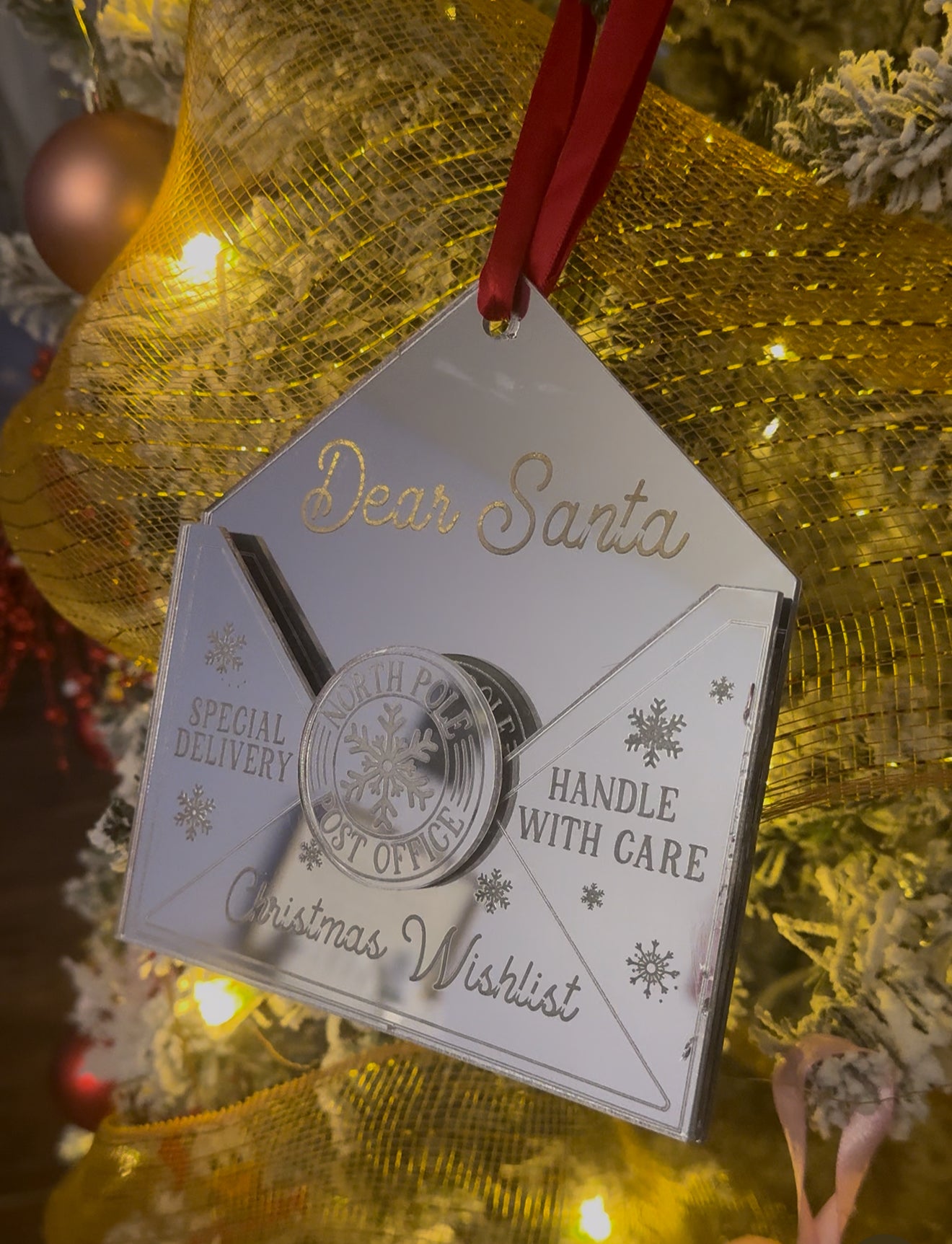 Letter to Santa Mirror Ornament | North Pole Mail Envelope Ornament | Handle With Care Christmas Keepsake | Laser Cut Mirror Ornament for Kids & Families