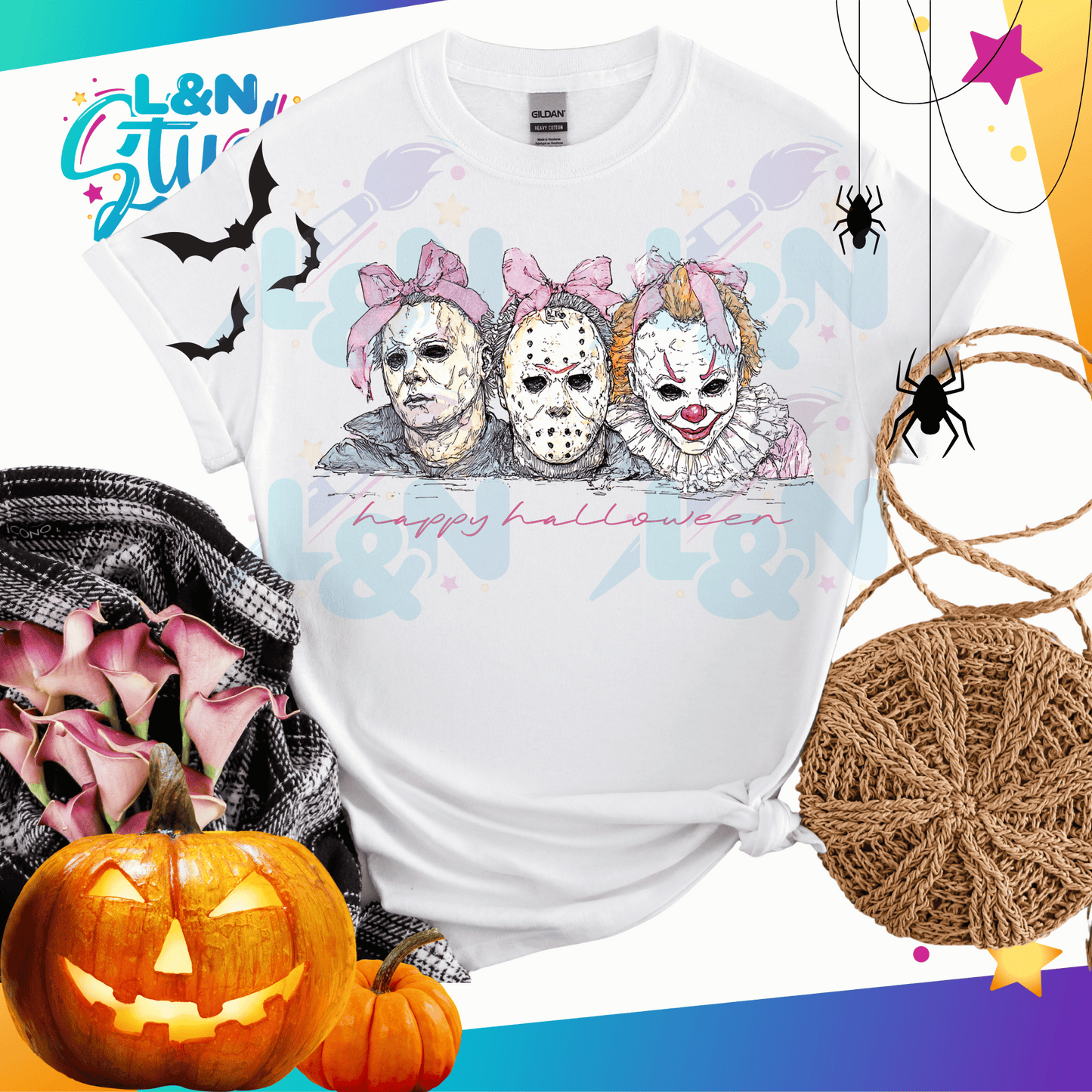 Happy Halloween Horror Icons T-Shirt- Cute Scary Movie Character's Graphic Tee, Pink Horror, Funny Spooky Season Shirt, Slasher Fan Gift